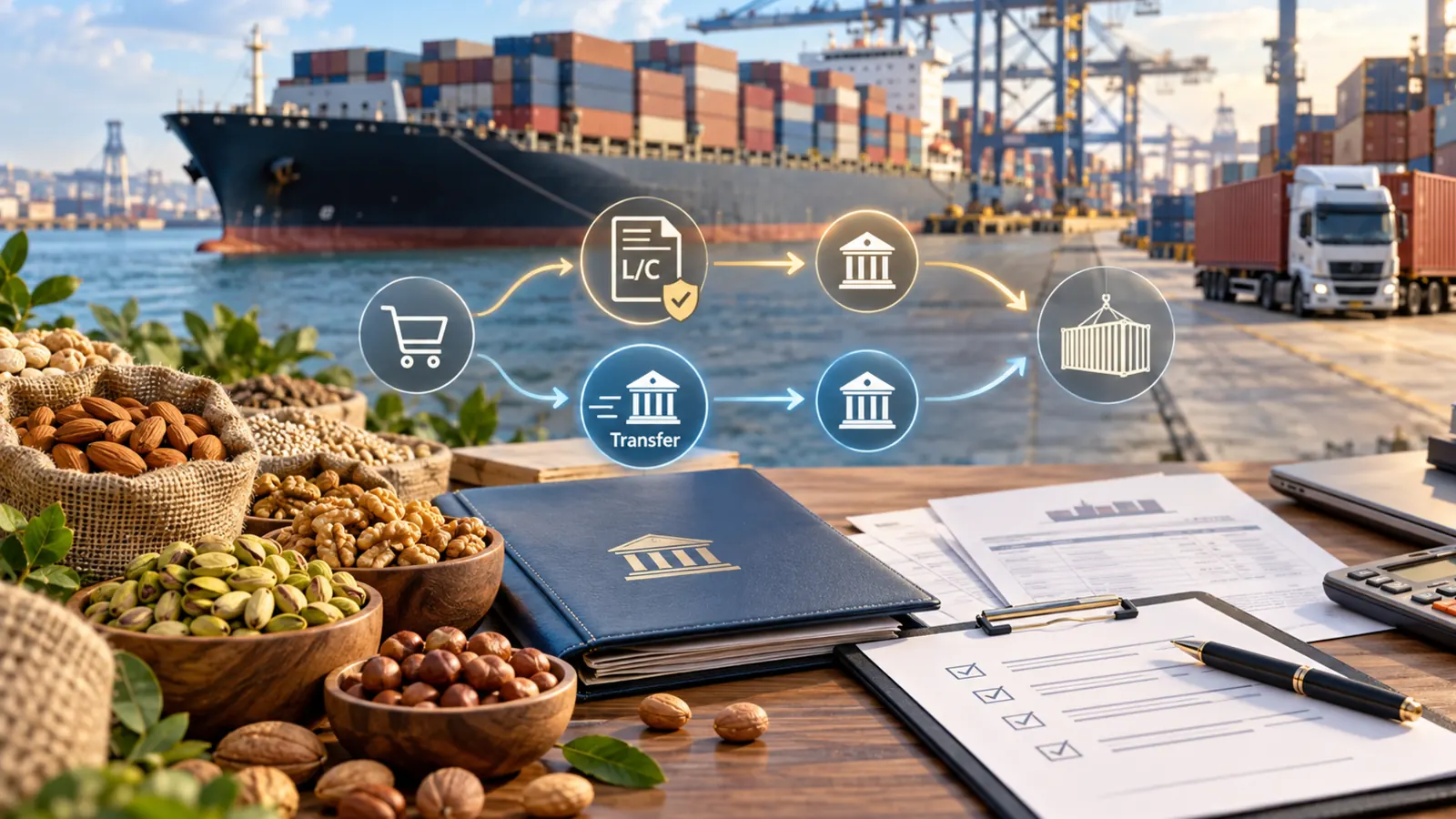 Mesa de trabajo con sacos y cuencos de nueces, almendras, pistachos y avellanas, carpeta bancaria, checklist de documentos y calculadora; al fondo, un puerto con buque portacontenedores y un esquema de los dos caminos de pago, carta de crédito y transferencia, hasta el contenedor