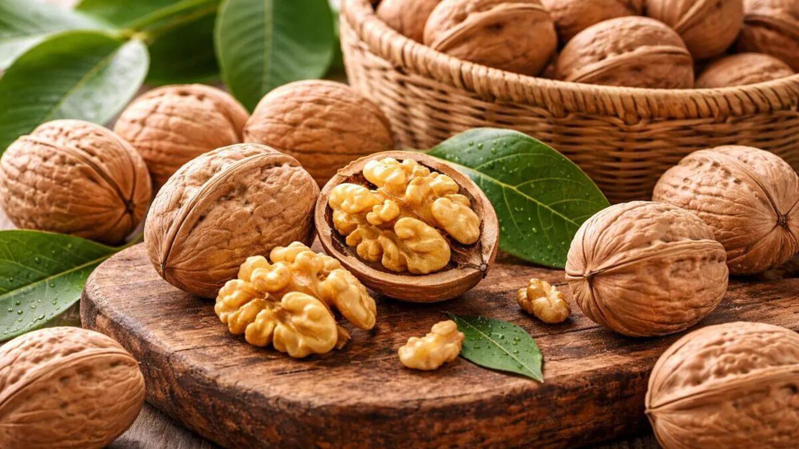 Nueces Chandler con cáscara y peladas sobre una tabla de madera, con hojas de nogal y un cesto de nuez de cosecha reciente al fondo