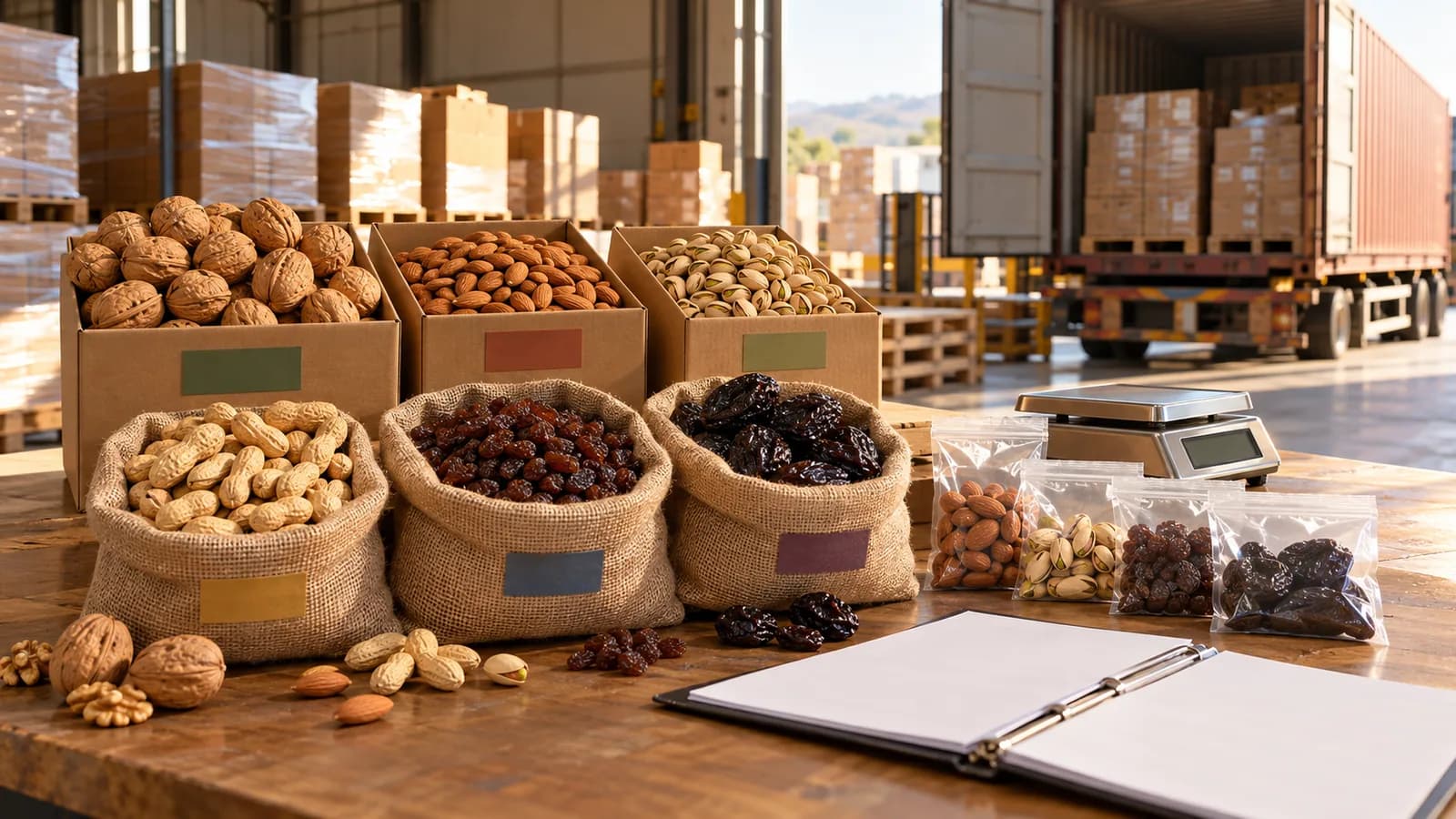 Mesa de madera en el almacén de un trader con cajas y sacos de yute de nueces, almendras, pistachos, maní, pasas y ciruelas pasas de distintos orígenes, bolsas de muestra, una balanza y una carpeta de fichas técnicas, con pallets y un contenedor abierto al fondo