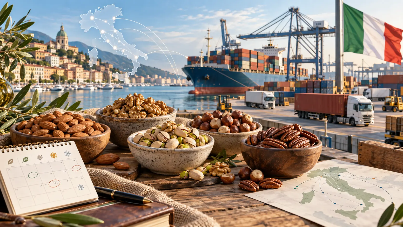 Cuencos de almendras, nueces, pistachos, avellanas y pecanas sobre una mesa de madera en un puerto italiano, con un portacontenedores y camiones al fondo, un calendario de compra y un mapa de Italia