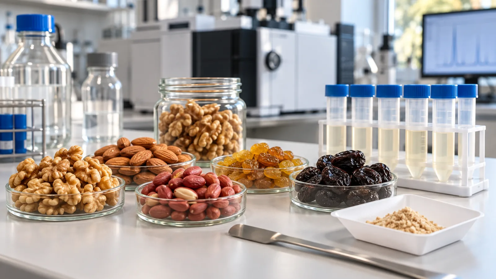 Mesa de un laboratorio de análisis de alimentos con muestras de nuez, almendra, maní con piel, pasas doradas y ciruelas pasas en placas de vidrio, junto a una gradilla de tubos de extracción y una muestra molida en una navecilla de pesada