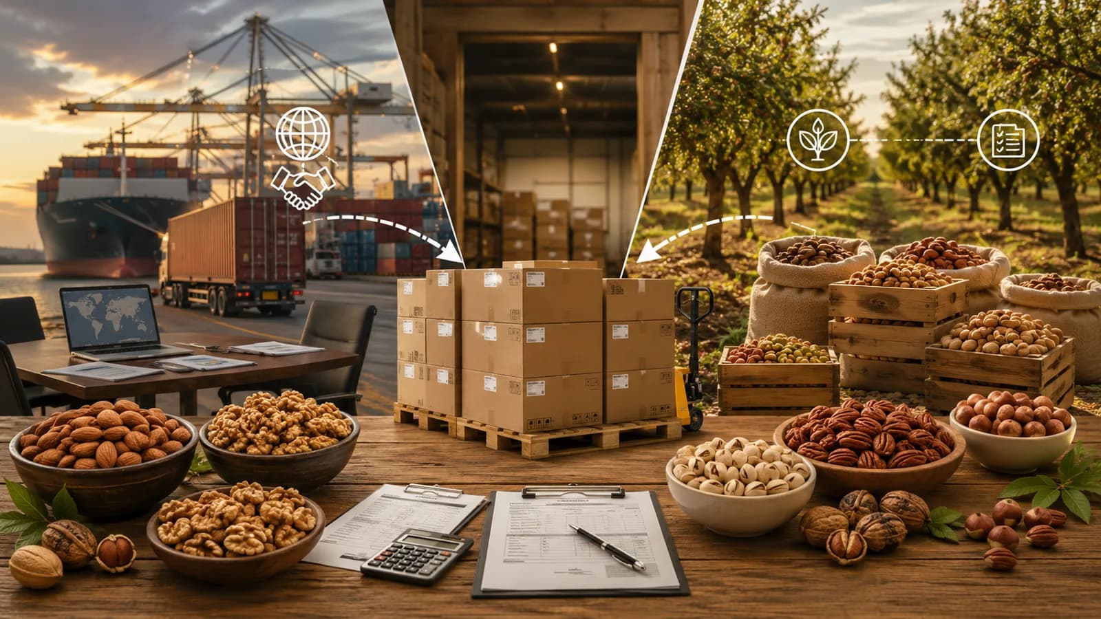 Montaje de la cadena de suministro de frutos secos: puerto con buque portacontenedores y camión, pallet de cajas en almacén, huerto con sacos y cajones de nueces, y mesa con cuencos de frutos secos, documentos y calculadora